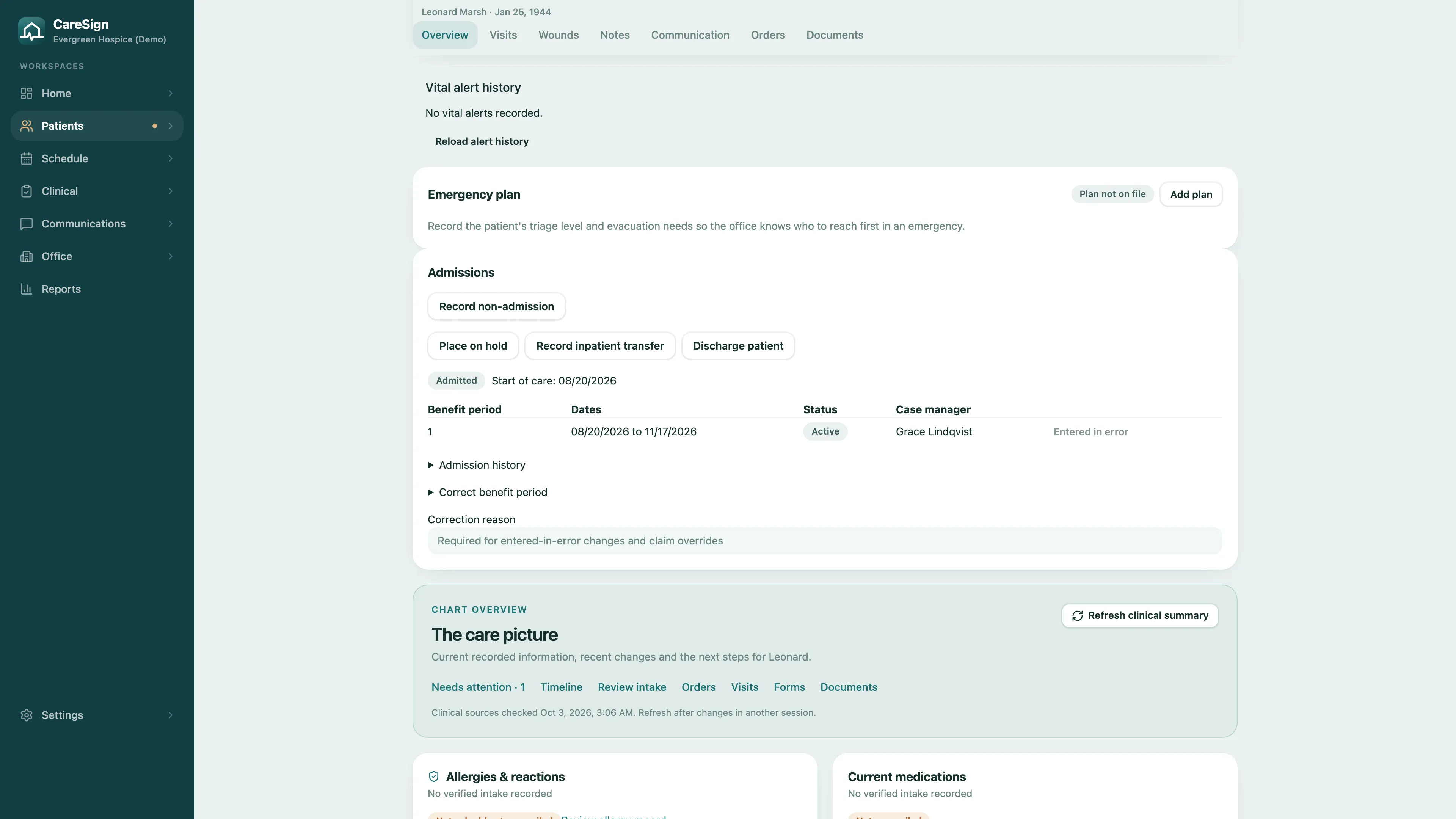 CareSign patient chart for a hospice patient: the emergency plan card, and the admissions card with the start of care and the current benefit period, its dates, status and case manager