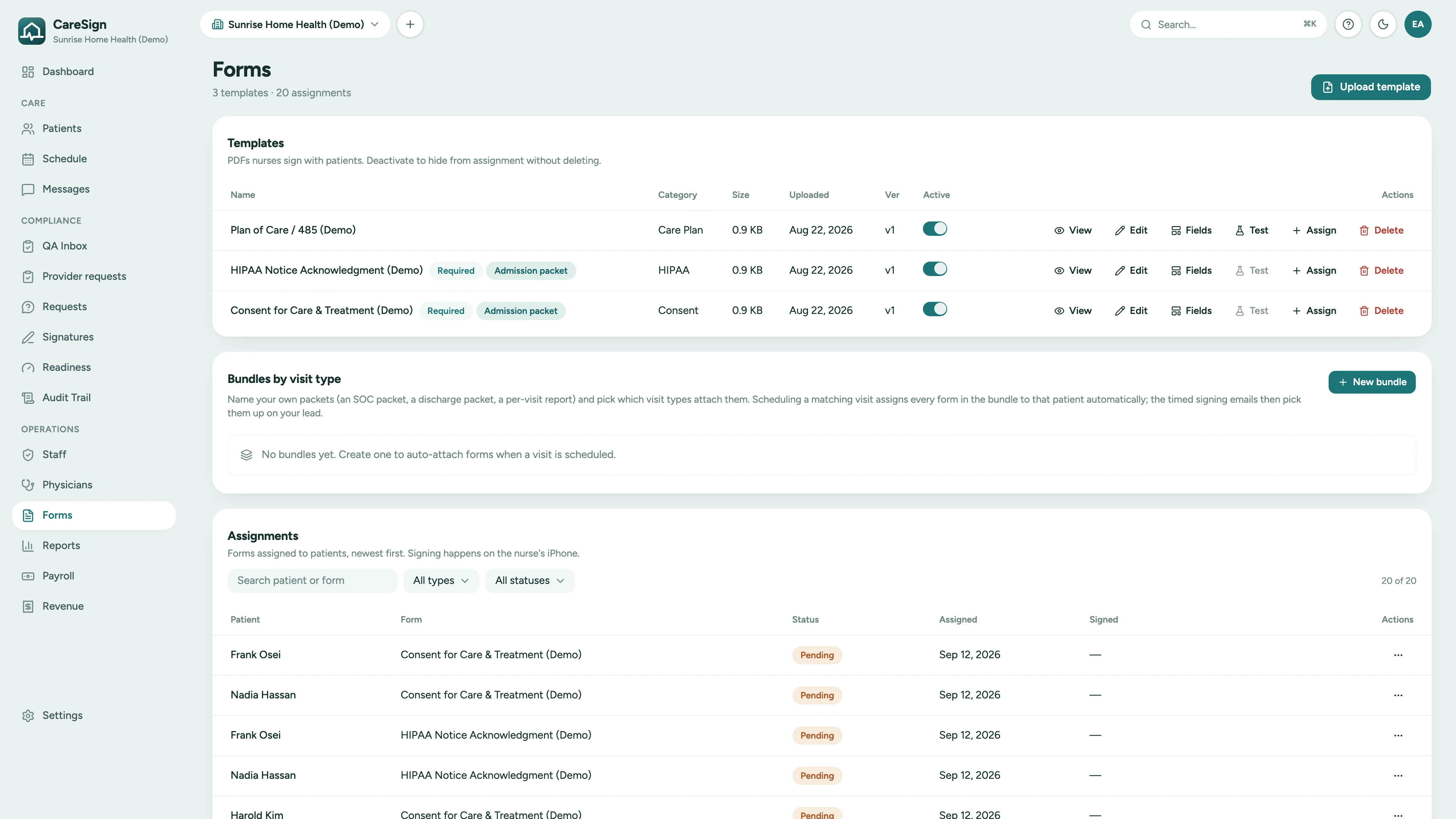 CareSign forms page: three uploaded PDF templates with category, version, required flags, and field editing, bundles by visit type, and the list of per-patient assignments