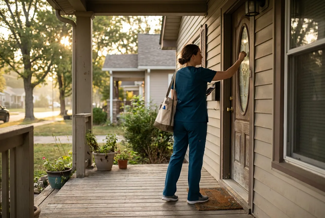 A home health nurse at a patient's front door in the morning, phone in hand
