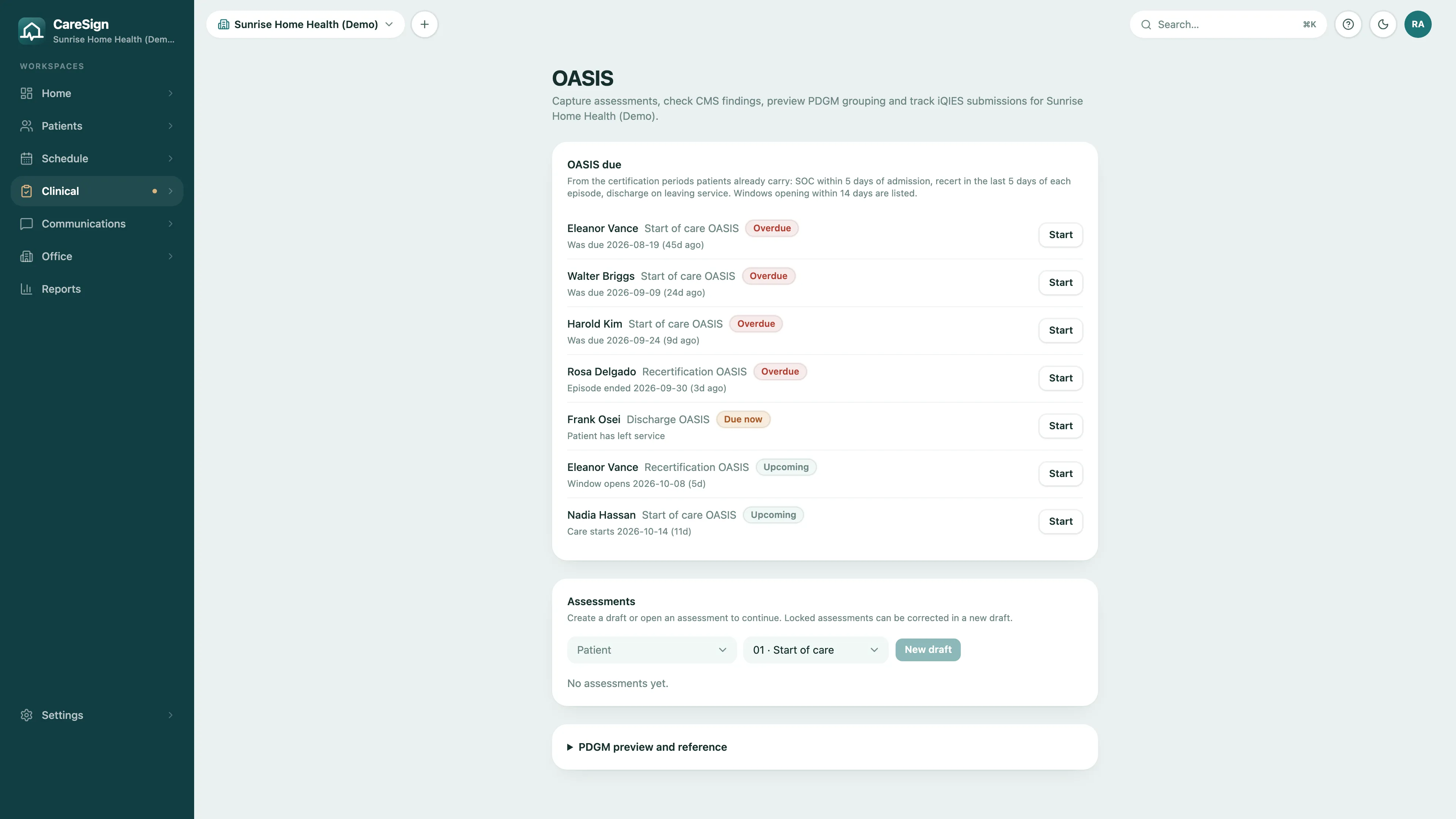 CareSign OASIS page: a list of OASIS assessments due, with start of care, recertification and discharge assessments marked overdue, due now or upcoming, each with a Start button