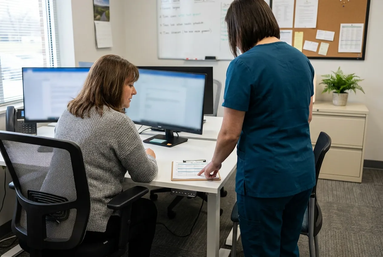 Agency office staff reviewing documentation together at a shared desk