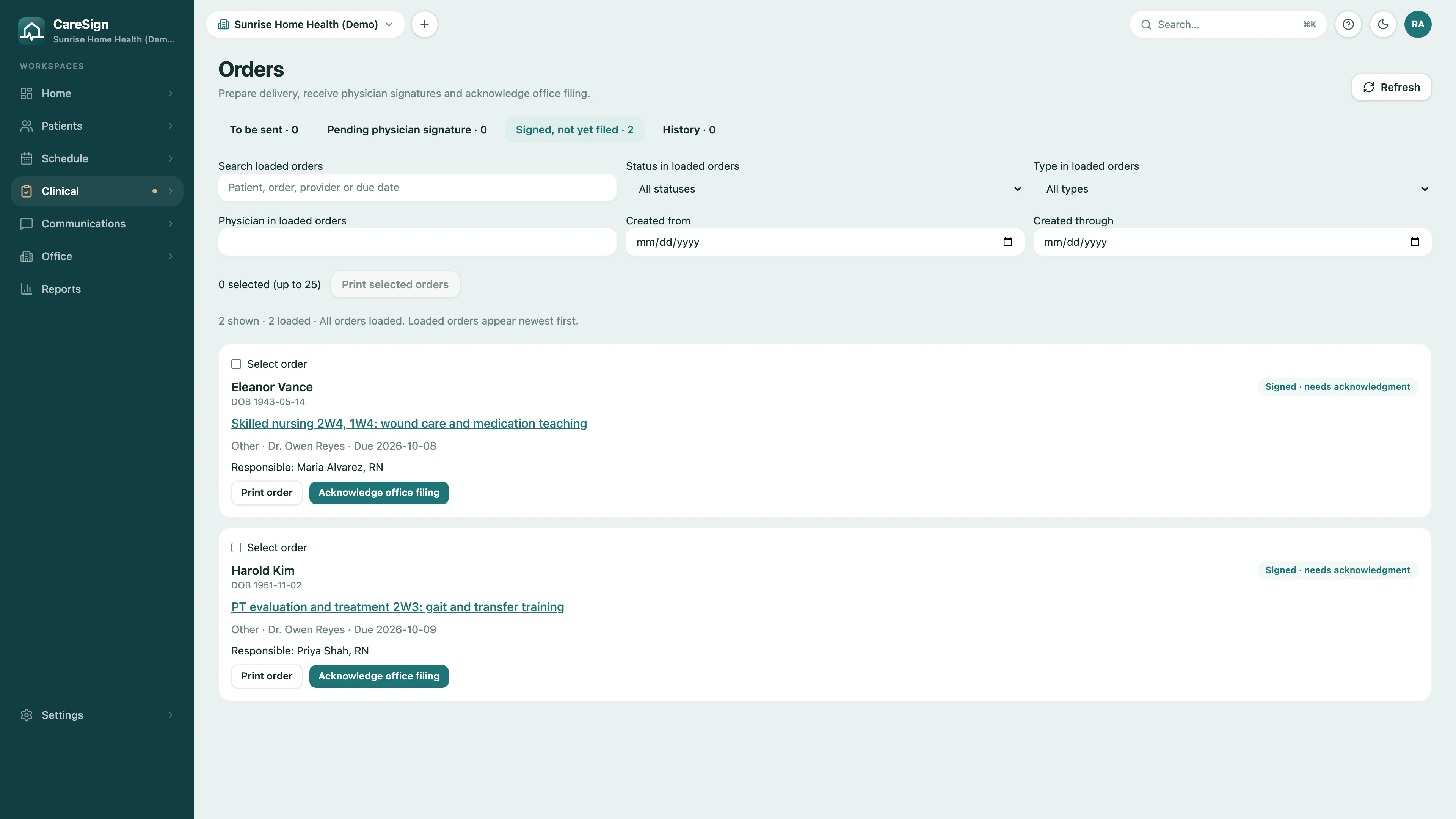 CareSign orders queue for a home health agency: two physician-signed orders waiting for office filing, each with the patient, the ordering physician, a due date and the responsible nurse