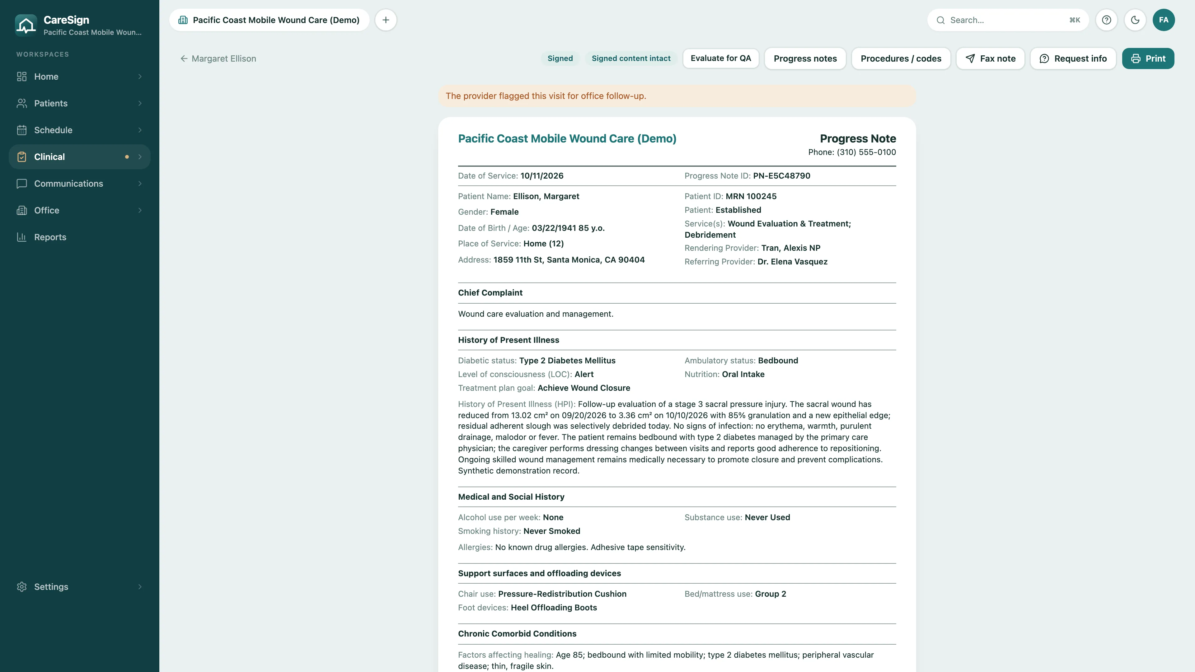 A signed CareSign progress note on the web: practice letterhead, date of service, patient and rendering provider, chief complaint, history of present illness, medical and social history, and support surfaces and offloading devices, with a Signed content intact badge
