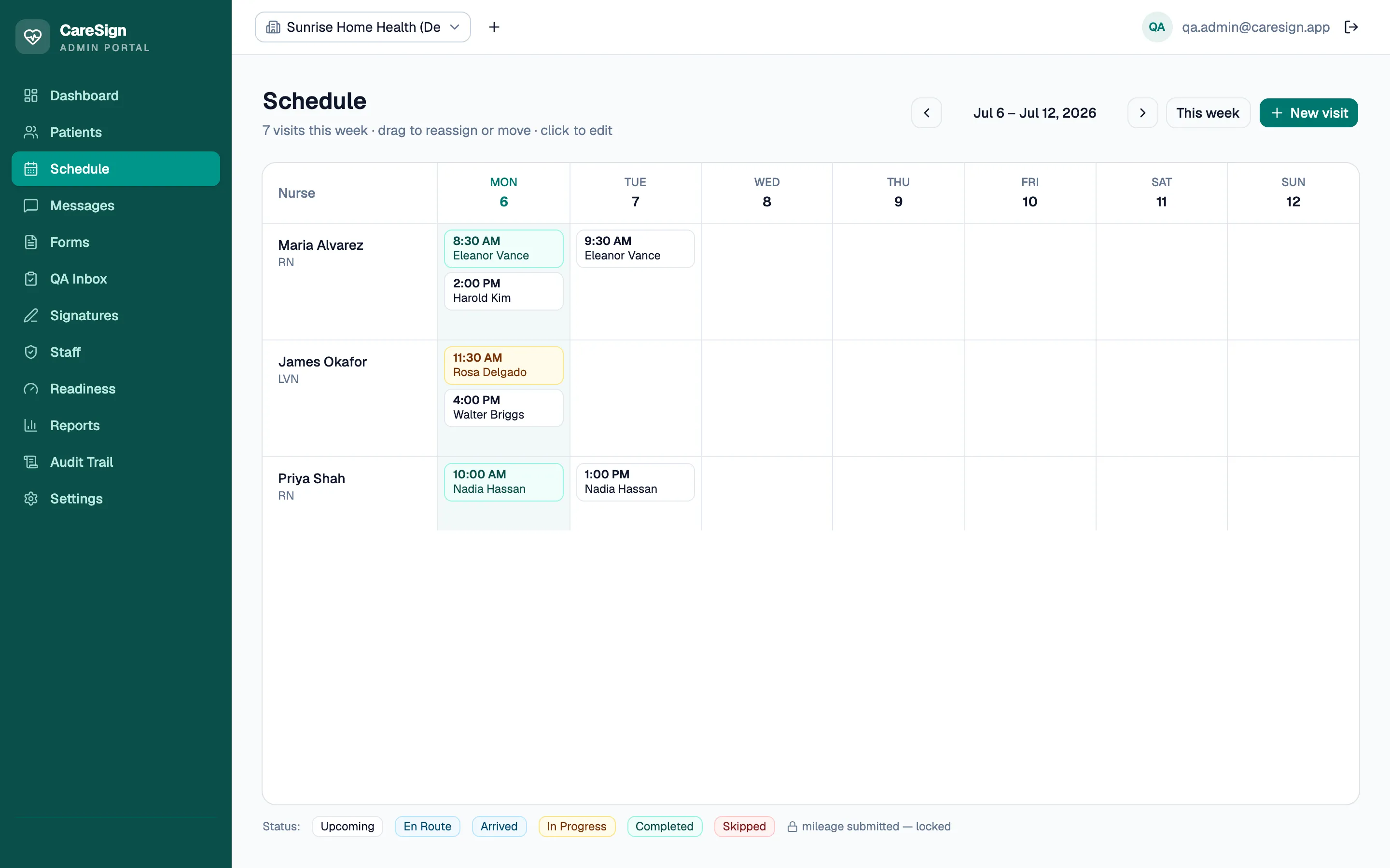 CareSign schedule view with visit statuses and EVV geo-verification