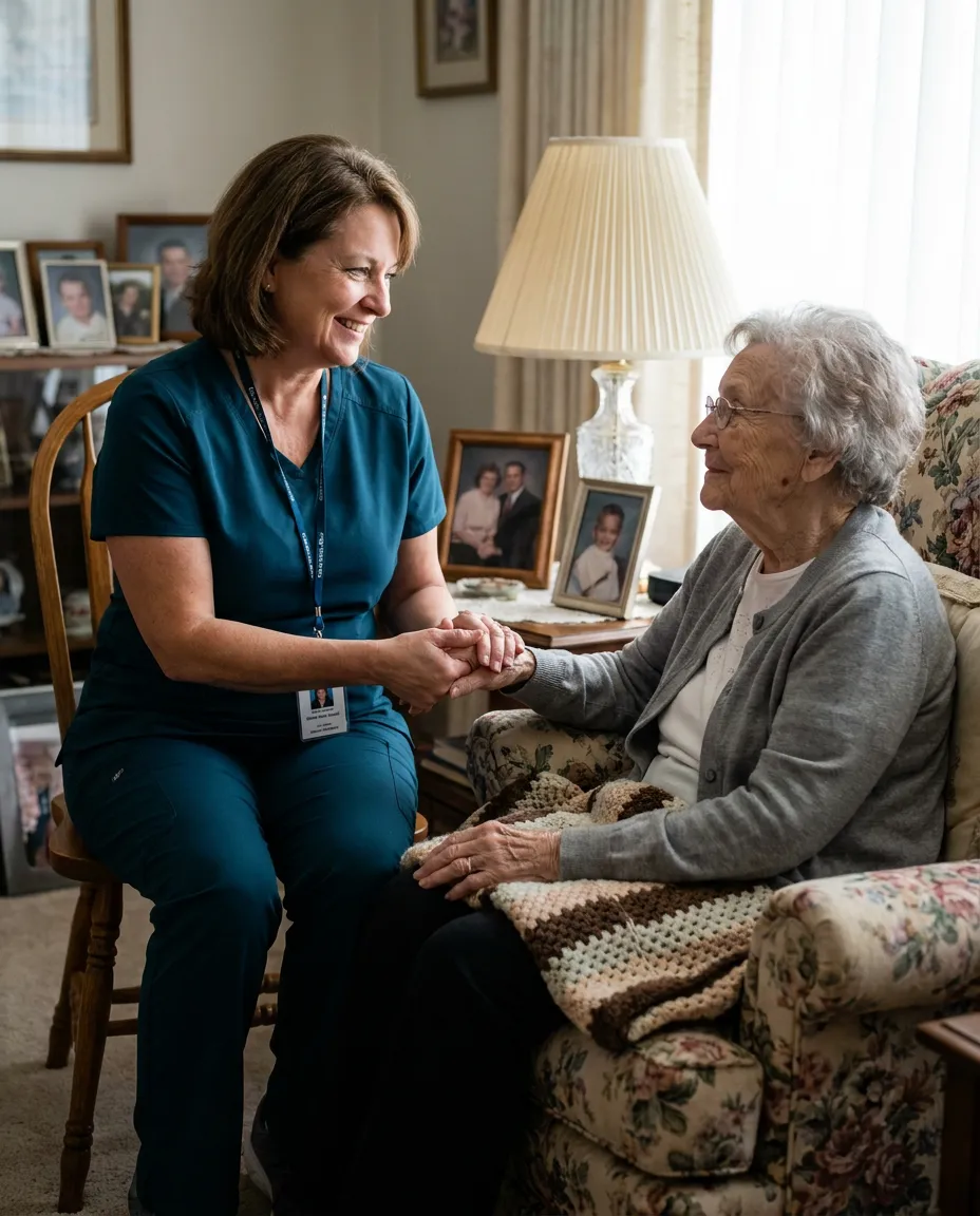A home health nurse holding hands with a smiling elderly patient in her living room