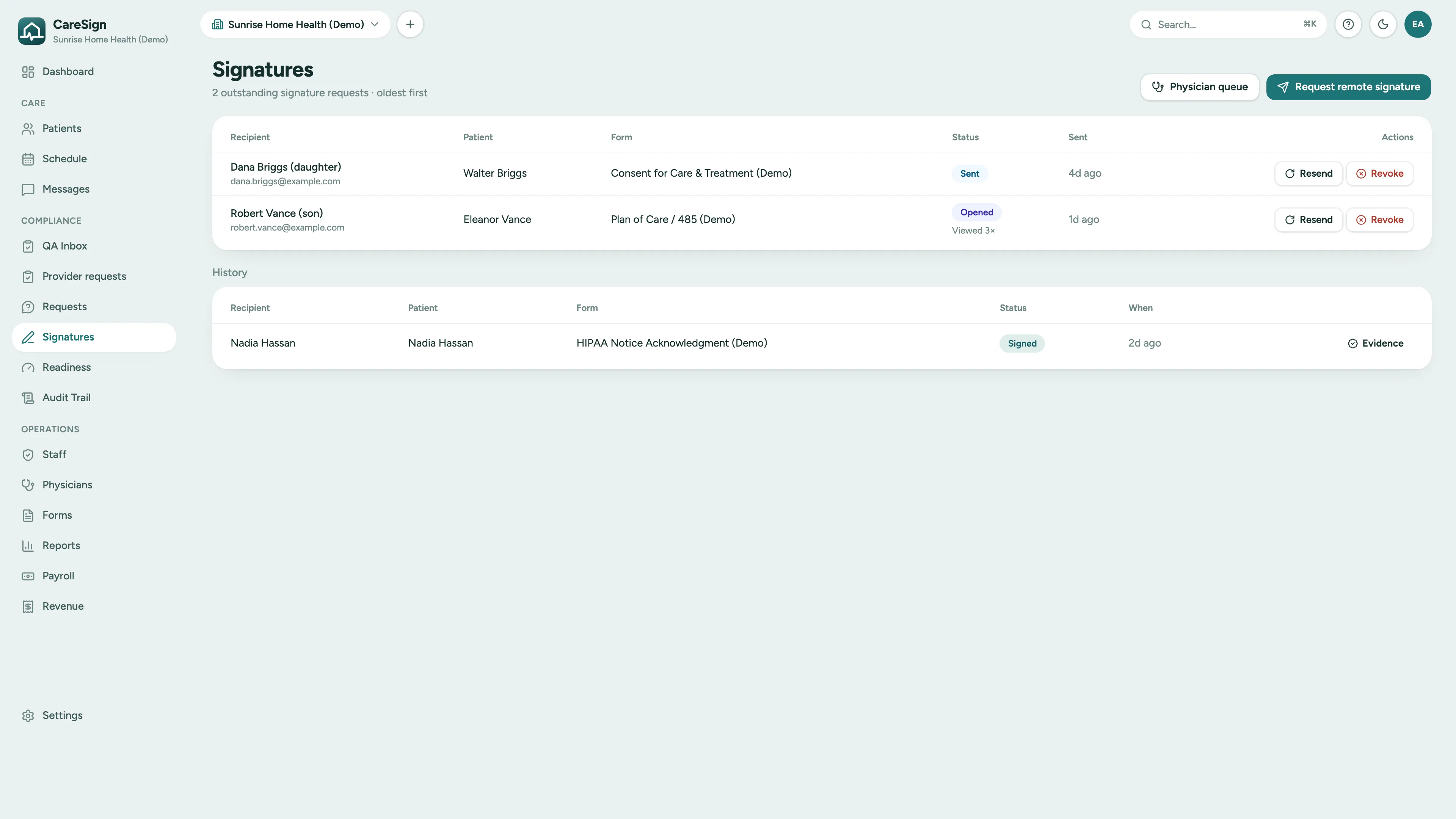 CareSign signatures page: two outstanding remote signature requests with resend and revoke actions, and a signed HIPAA acknowledgment in the history with its evidence link