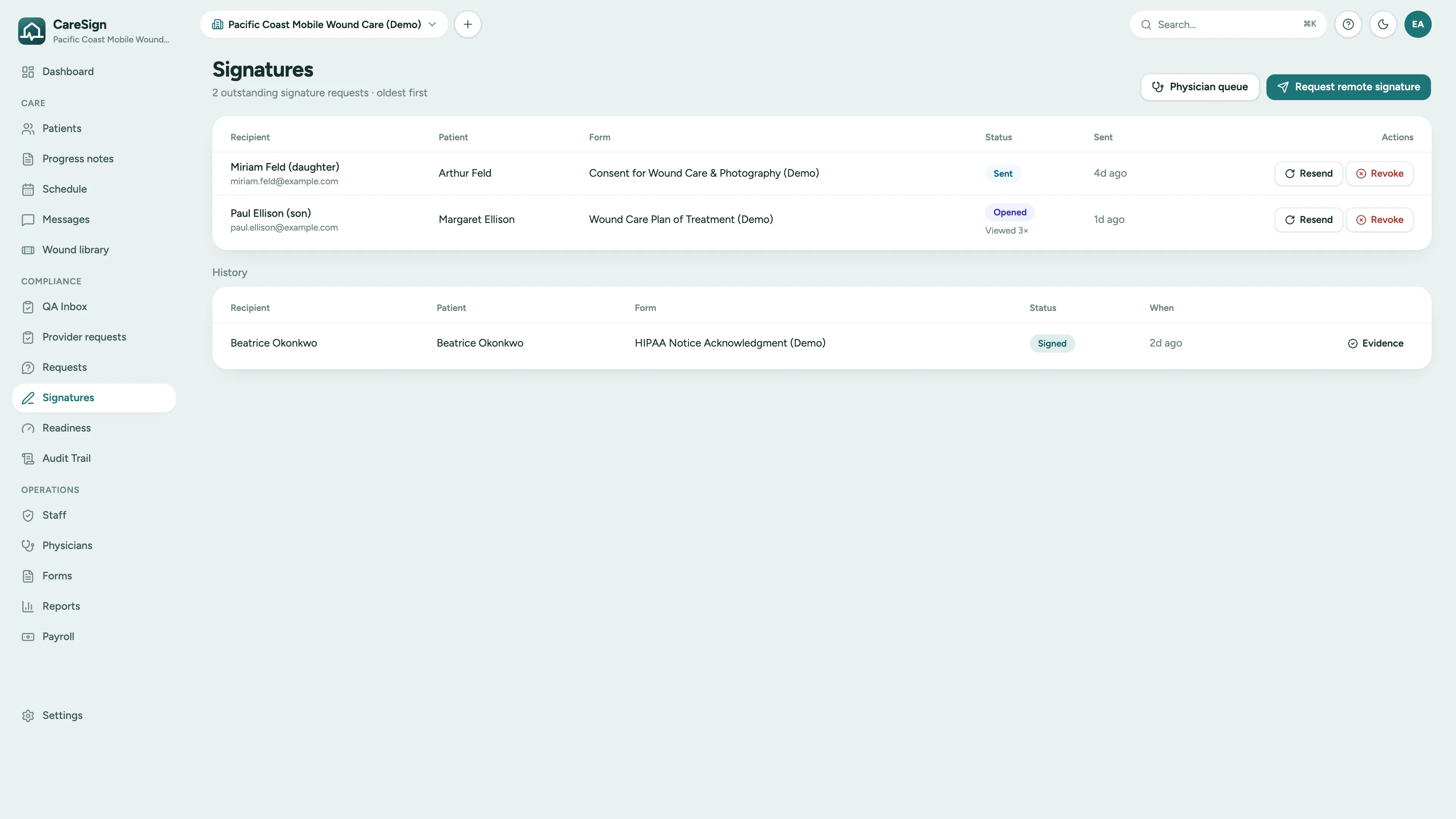 CareSign signatures page for a wound care practice: two outstanding remote signature requests, a wound care and photography consent and a plan of treatment, with resend and revoke actions, and a signed HIPAA notice acknowledgment in the history with its evidence link