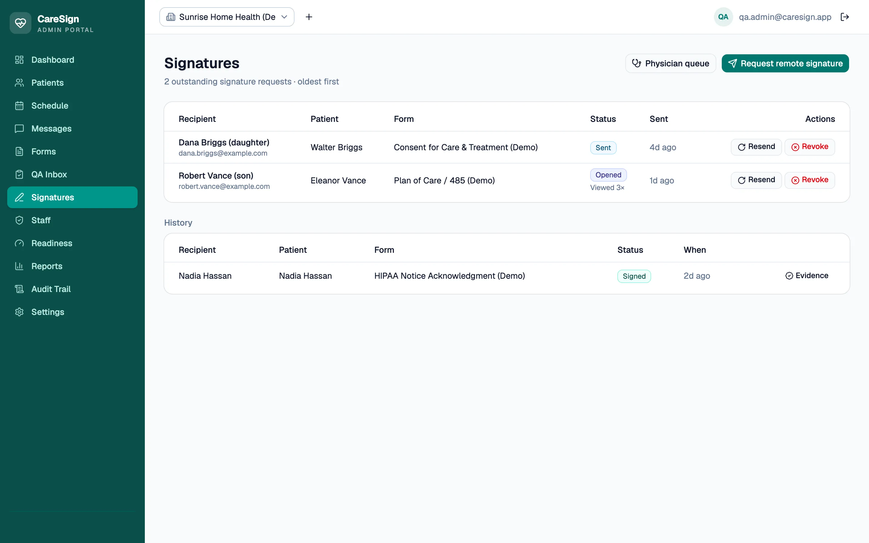 CareSign signatures page listing outstanding signature requests with resend and revoke actions, and signed history with evidence links