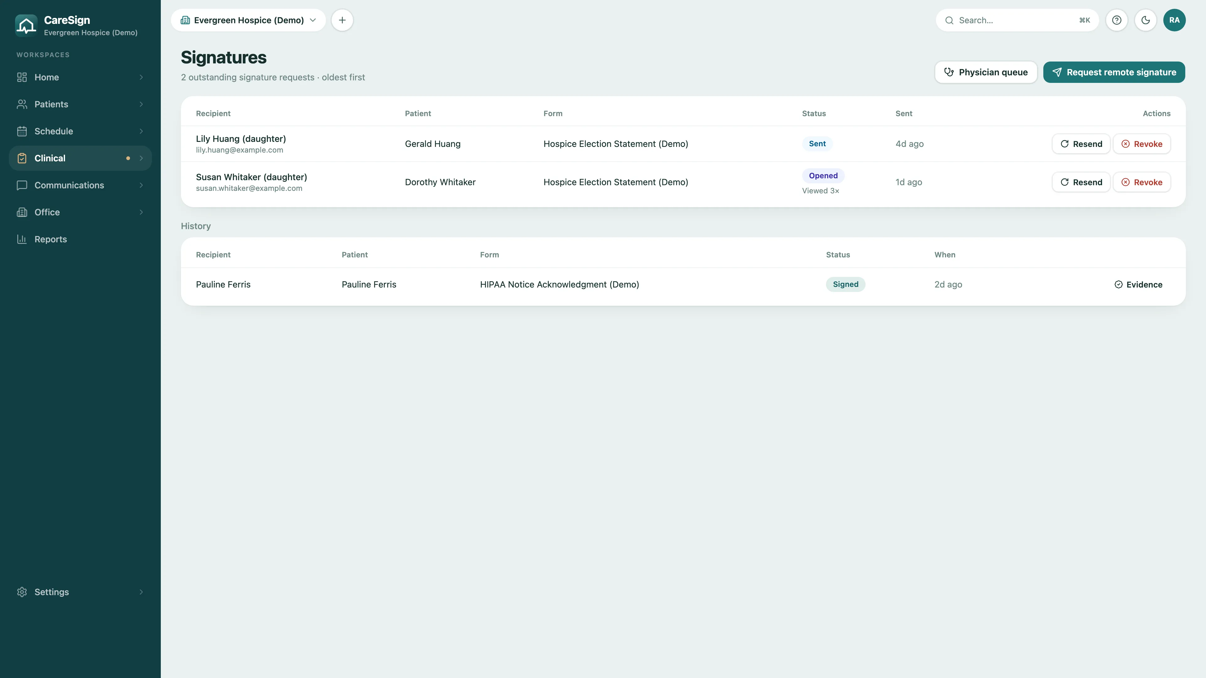 CareSign signatures page for a hospice: outstanding remote signature requests with resend and revoke actions, and signed records with their evidence links